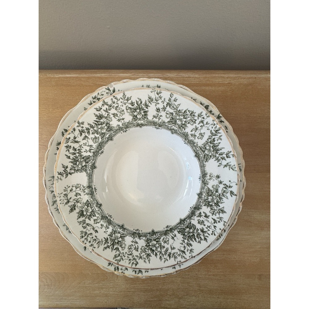 Royal Doulton "Peel" Green And White Gold Rimmed Shallow Bowls Set Of 2